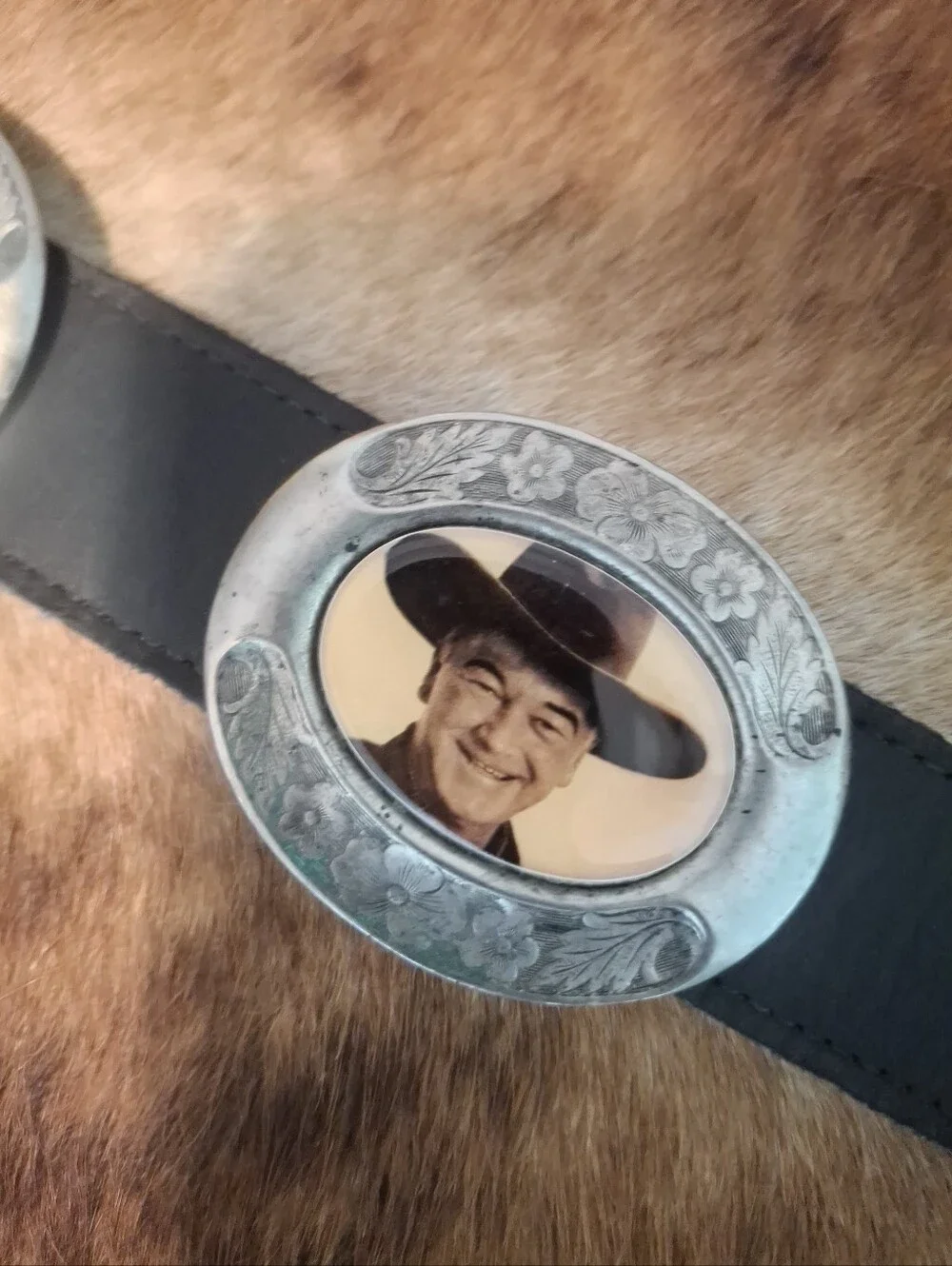 *RARE* Vintage Black Leather Belt with Western Actor Portrait Conchos
